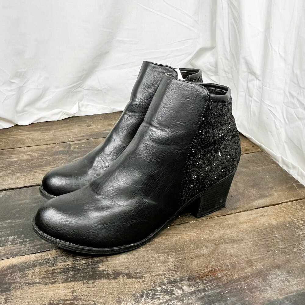JG Black Leather / Glitter Round Toe Side Zip Block Heel Ankle Boots Size 12